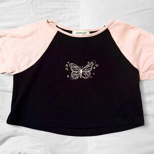 Black and Pink Casual Crop Top with Butterfly Design